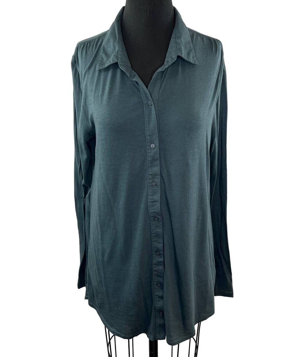 Three Dots Dark Teal Green Supima Cotton Button-Down Long Sleeve Shirt Top L LG